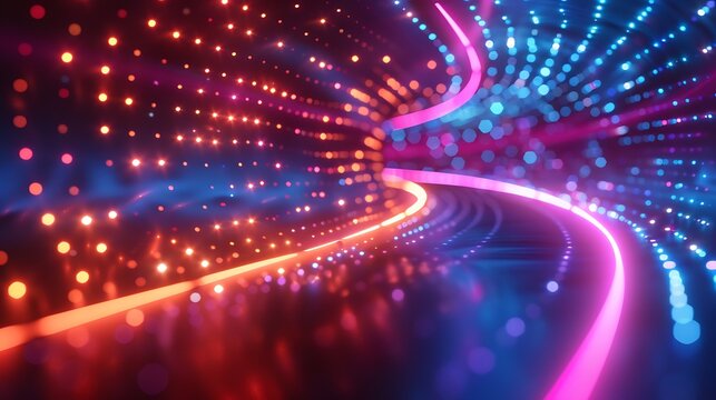 Abstract glowing tunnel with lines and dots in pink, orange, and blue colors - Powered by Adobe