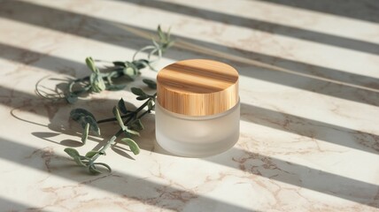 Frosted Glass Skincare Jar with Bamboo Cap on Marble Minimalist Eco Beauty Mock-Up