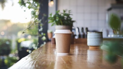 Biodegradable Paper Coffee Cup on Recycled Wood Counter Modern Eco Café Branding Mock Up