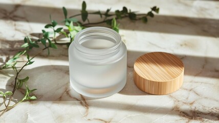 Frosted Glass Skincare Jar with Bamboo Cap on Marble Minimalist Eco Beauty Mock-Up