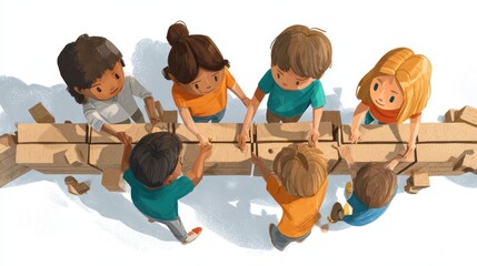 Children Building with Wooden Blocks in Creative Classroom Scene