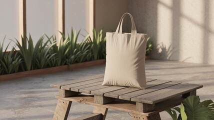 Eco Friendly Tote Bag Mock-Up on Wooden Table with Greenery and Natural Sunlight Minimal Sustainable Style