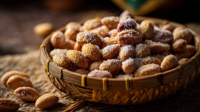 Close up of almonds with salt in a woven basket on a textured surface in dim lighting