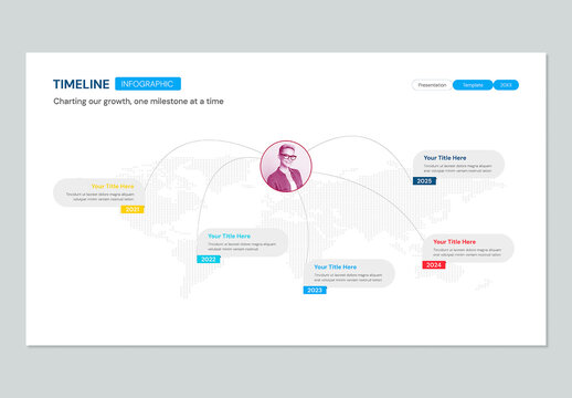 Global Company Business Timeline Infographic Template with Dotted World Map Illustration