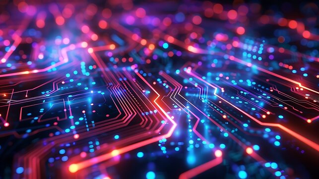 Glowing circuit board with red and blue lights in a technological arrangement