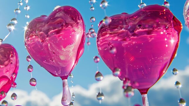 Pink Heart-shaped Water Balloons Floating in Bright Blue Sky with Clouds - Powered by Adobe