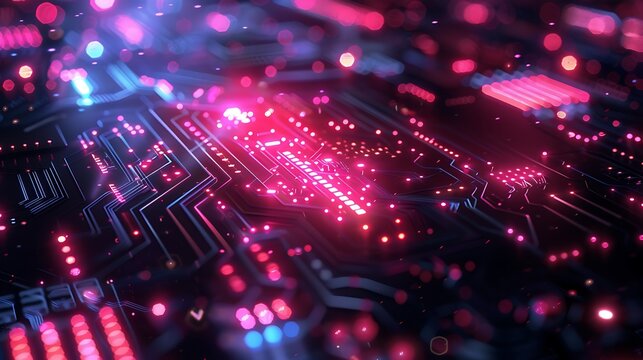 Illuminated circuit board with glowing pink and blue components and connections