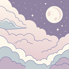 Dreamy pastel clouds under a starry night sky with a full moon