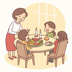 Family enjoys a festive meal together around a candlelit table