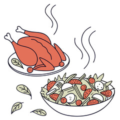 Hot roasted chicken and fresh salad meal illustration