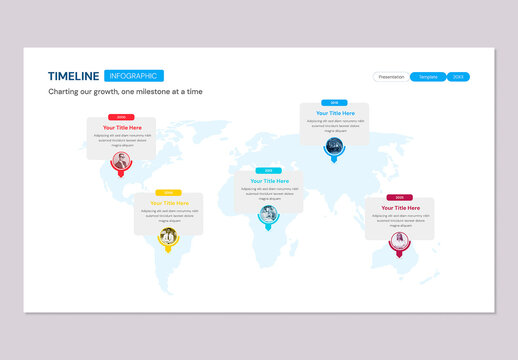 5 Milestones on World Map Timeline Infographic for Presentation
