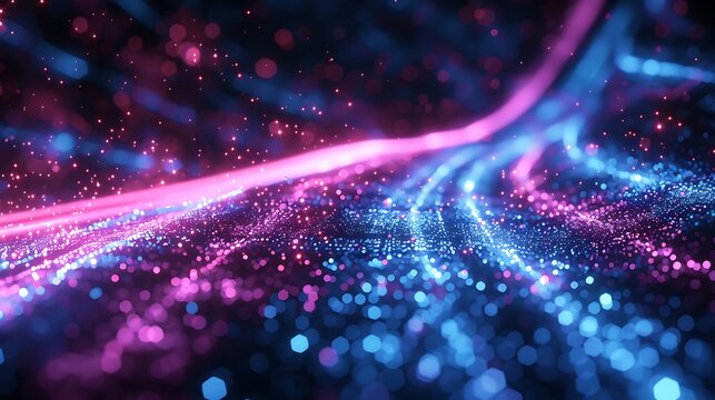 Glowing lines and particles in shades of pink and blue creating a dynamic effect