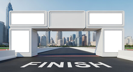Front View Marathon Finish Line Billboard Arch Mockup, Empty Double Sided Advertising Space, Sports Event Sponsorship Panel