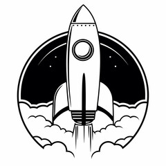 Retro rocket launching through clouds and stars