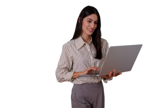 Young businesswoman standing, working on laptop, accessing online data, managing business, transparent background