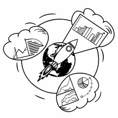 Rocket launching earth with business data clouds