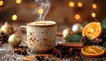 Fototapeta premium Taza de café caliente con espuma y vapor ascendente, colocada sobre una superficie de madera rústica. El ambiente general es cálido y festivo, con una clara temática navideña.