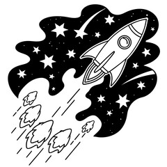 Rocket ship blasting off through a starry night sky