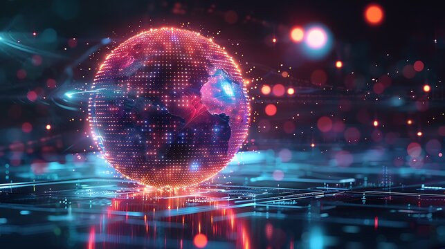 Glowing earth globe with digital network connections and abstract light effects