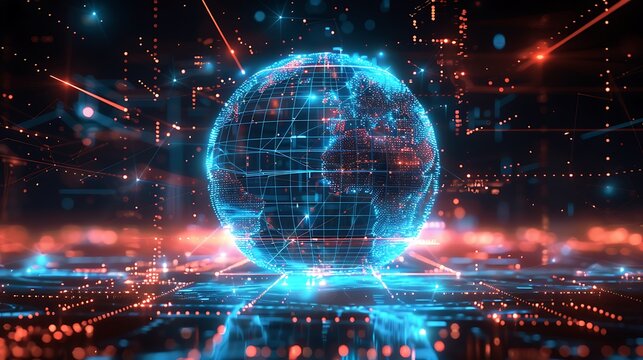 Glowing digital earth globe with grid lines and orange light streaks around it - Powered by Adobe