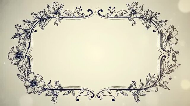 Floral frame. Elegant, hand-drawn flowers and leaves adorn the edges of a cream-colored, oval background
