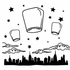 Sky lanterns ascend over a city skyline under a starry night sky