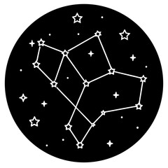 Stylized constellation on a black circular background with stars