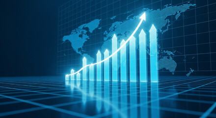 Global business growth represented by a rising blue bar graph and arrow with world map background