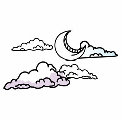 Whimsical crescent moon peeking through cartoon clouds