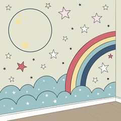 Whimsical children s room mural with moon rainbow and stars