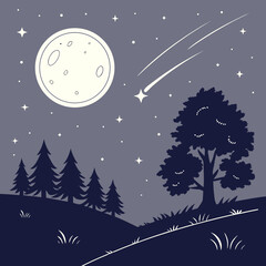 Whimsical night sky with moon and shooting star over silhouetted landscape