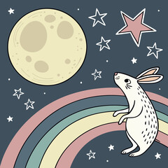 Whimsical rabbit gazes at the moon and stars above a pastel rainbow