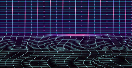 Abstract digital grid with flowing lines, creating a futuristic visual.