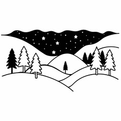 Whimsical winter night landscape with starry sky and pine trees