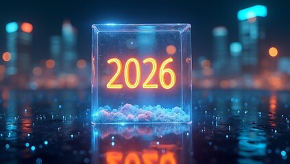 Obraz premium Futuristic New Year 2026 concept with a glowing neon cube against a blurry city skyline at night