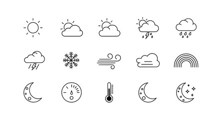 Naklejka premium Collection of minimalistic linear weather forecast icons, including sun, clouds, rain, snow, thunderstorm, wind, rainbow, moon, and thermometer, perfect for web, graphic design, apps, and banners