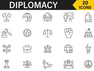 Diplomacy icon set. Diplomacy outline 20 icons related to embassy, diplomat, foreign policy, consulate, government, law, peace, trade relations and more. Editable symbol collection.