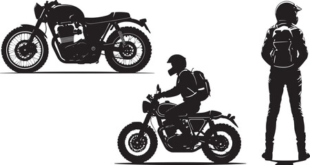 Obraz premium Motorcyclist riding and standing with backpack, classic cafe racer motorcycle silhouettes vector set