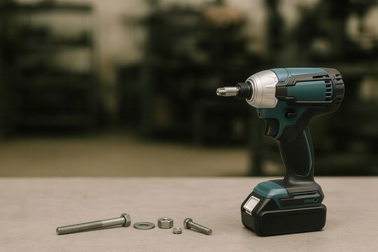 Professional Workflow: Electric impact driver placed near assembly parts in blurred mechanical workspace backdrop
