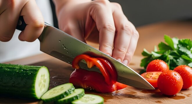 Close-up photo of hands cutting fresh vegetables on a wooden cutting board
