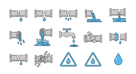 Collection of flat outline icons representing plumbing issues: broken pipes with water leaks, dripping faucets, water flowing out of pipes, and warning signs for water hazards, ideal for graphic and