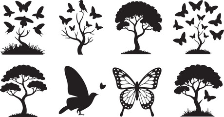 Naklejka premium A set of tree silhouettes and butterfly illustrations forms a vector nature design collection