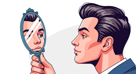 Vibrant vector illustration of a stylish man in a suit looking intently into an ornate hand mirror, meticulously checking his appearance and hairstyle, symbolizing self-admiration and vanity in a