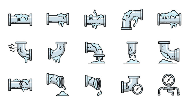 Collection of minimalistic thin line icons representing frozen and leaking pipes, showcasing various states of damage, drips, and pressure gauges, perfect for web, graphic design, apps, banners, and