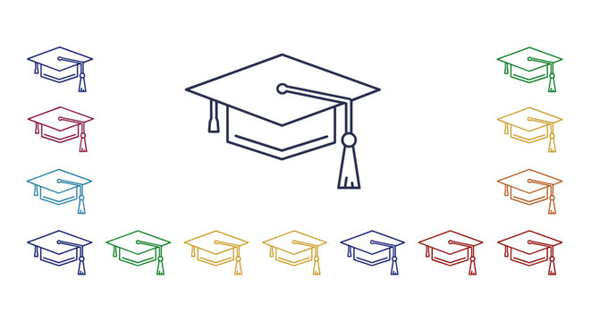 Collection of minimalistic linear pictograms representing square academic caps in various vibrant colors, including blue, red, teal, green, yellow, and orange, ideal for web and graphic design, apps