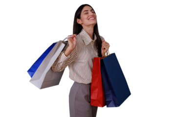 Happy woman experiencing retail euphoria, walking and carrying shopping bags after successful sales purchases on transparent background