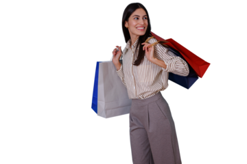 Happy woman carrying shopping bags, enjoying consumerism and retail therapy after sales, transparent background