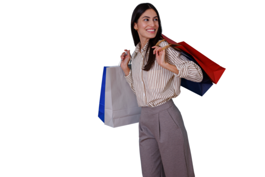 Happy woman carrying shopping bags, enjoying consumerism and retail therapy after sales, transparent background - Powered by Adobe