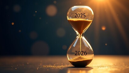 Hourglass with 2025 and 2026 representing the flow of time and future transition