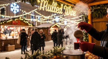 Naklejka premium Gloved hands pouring hot mulled wine at Christmas market